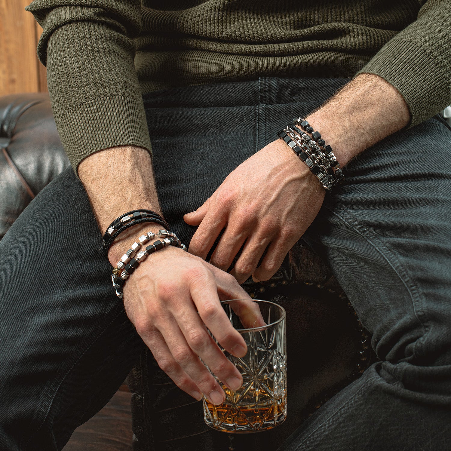 Black Leather Bracelet with Gun Metal Stainless Steel Spikes Cubes - Image 4