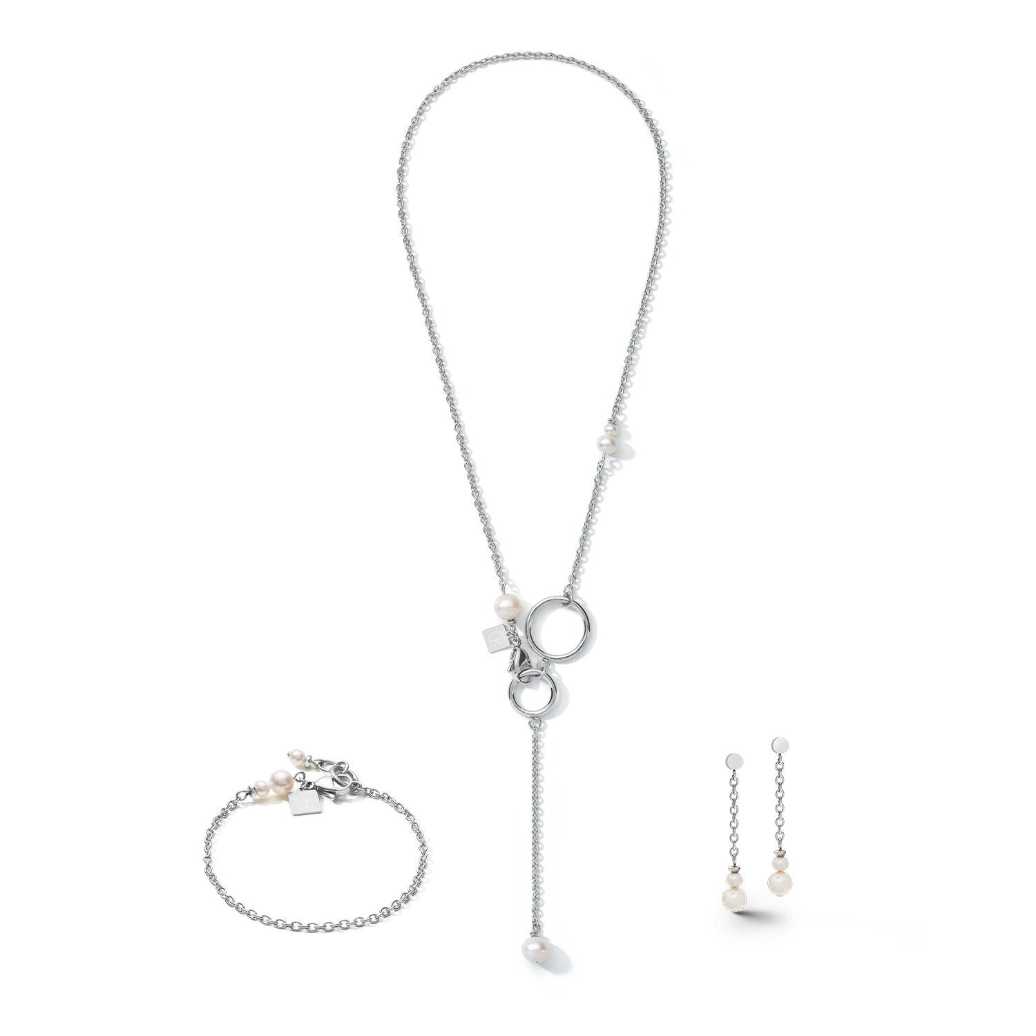Bracelet Y chain & ring Freshwater pearls & stainless steel white-silver - Image 3