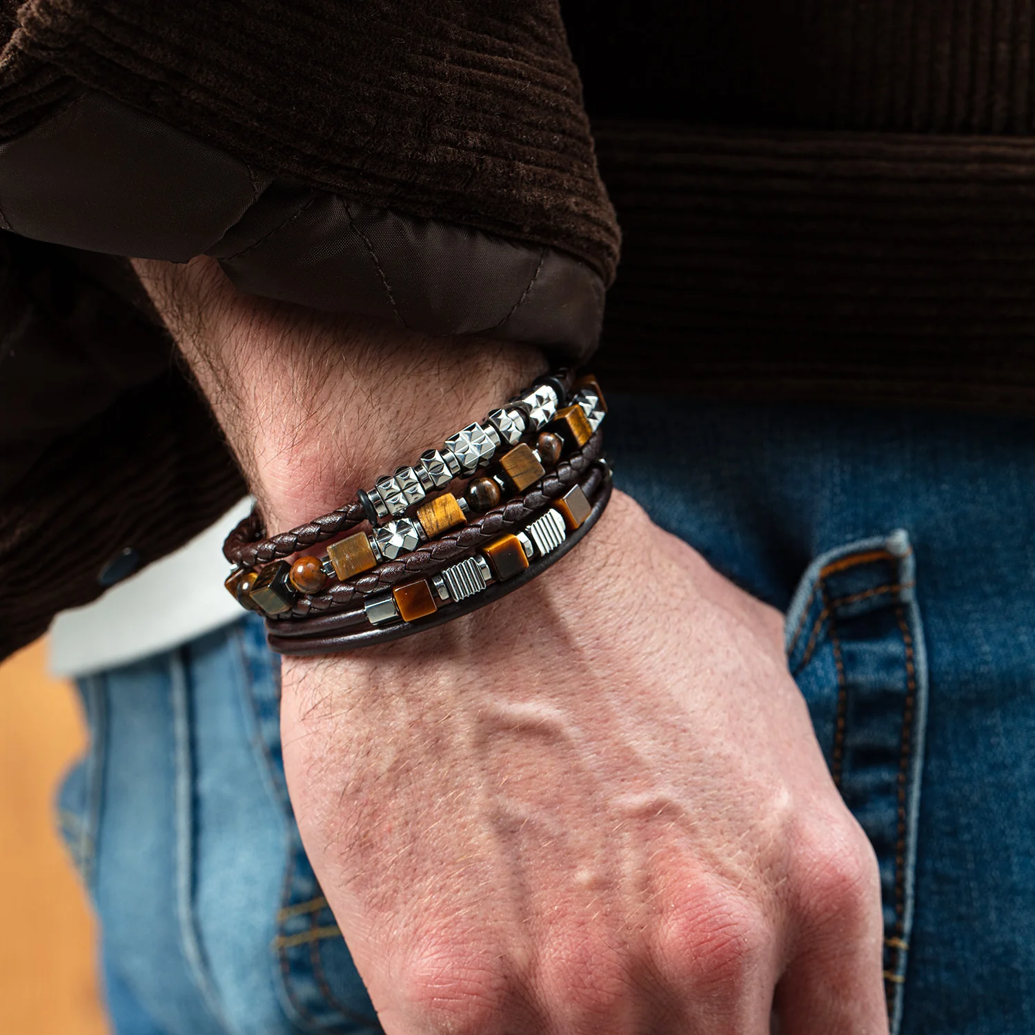 Brown Leather Bracelet 3-Strand with Tiger’s Eye and Graphic Relief Stainless Steel Cubes - Image 4
