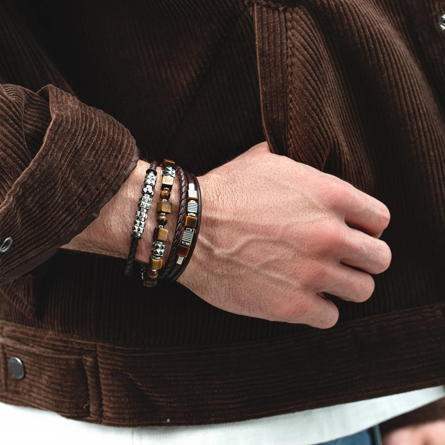 Brown Leather Bracelet with Stainless Steel Spikes Cubes - Image 4
