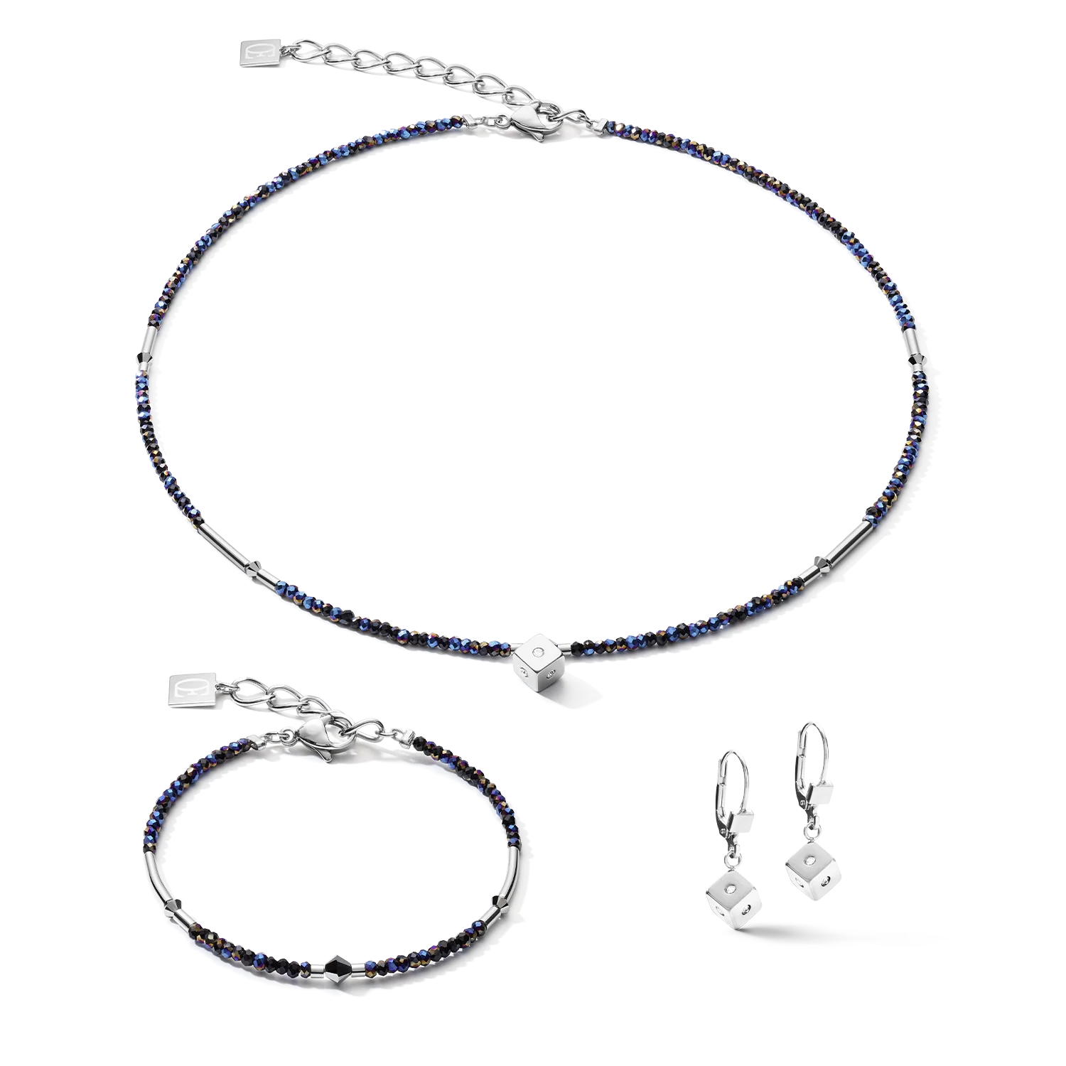 Necklace Cube Crystal Dot stainless steel & crystal glass midnight blue-silver - Image 3