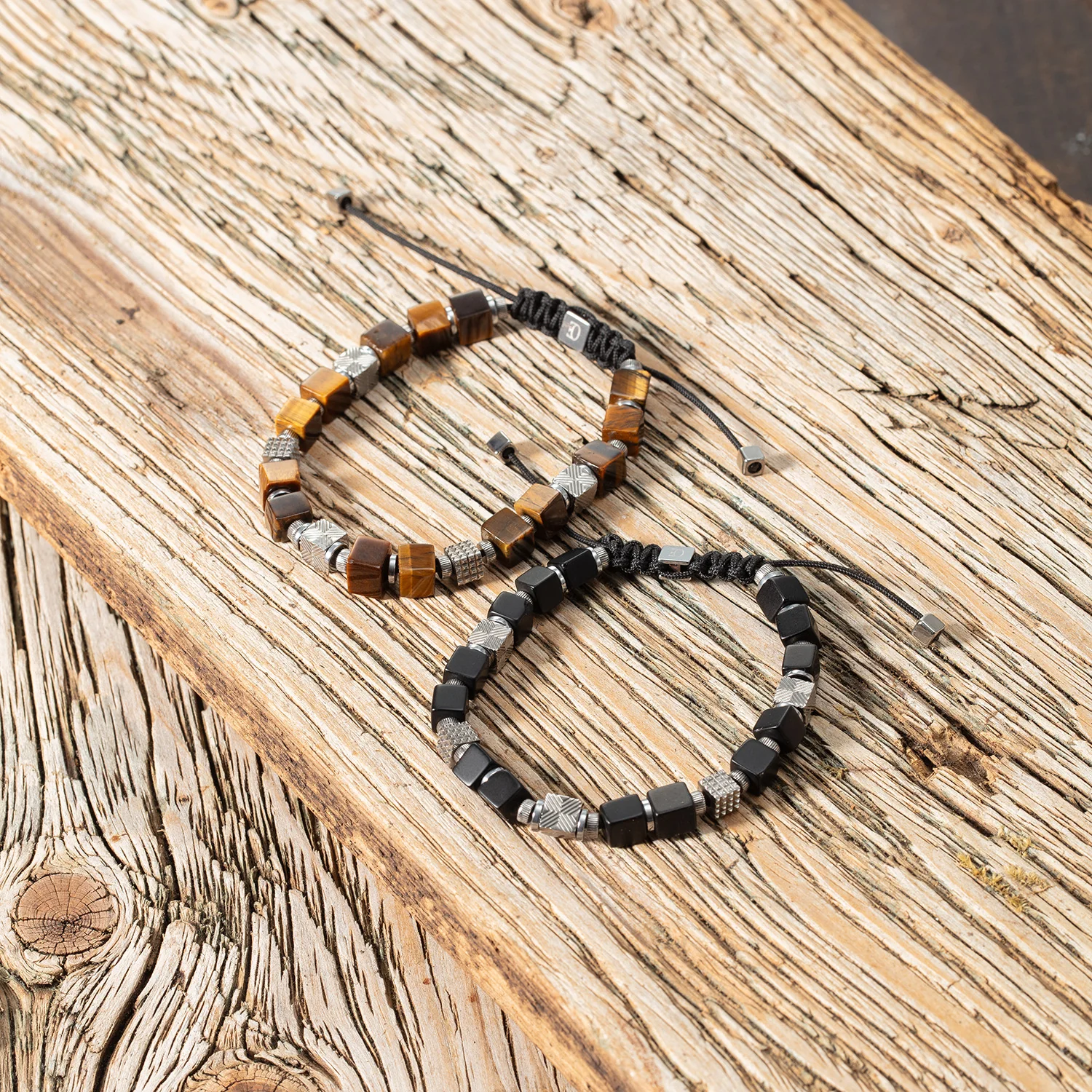 Onyx Cubes Bracelet with Graphic Relief Stainless Steel Cubes and Adjustable Textile Closure - Image 4