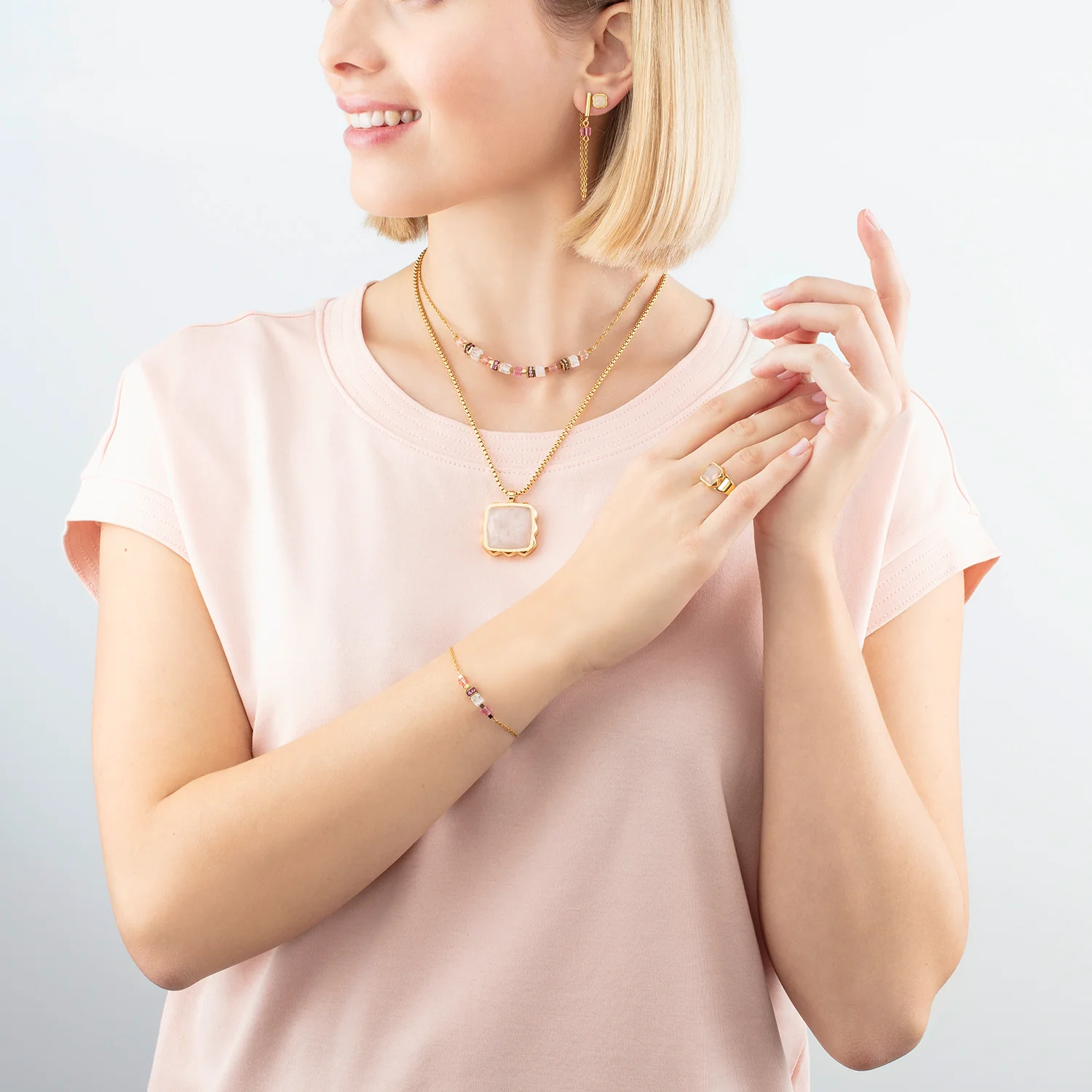 Ring Spikes Square Rose Quartz gold-pink - Image 4