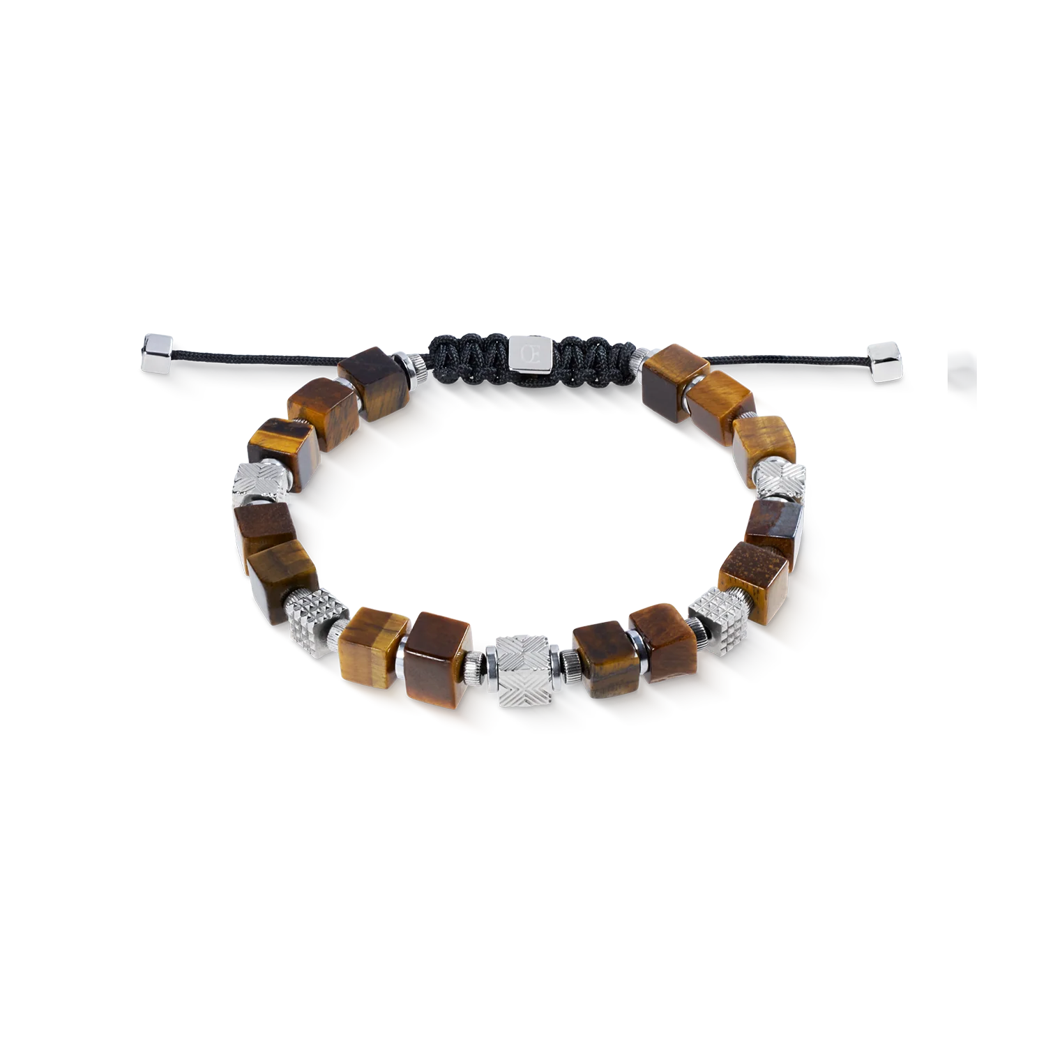 Tiger Eye Cubes Bracelet with Graphic Relief Stainless Steel Cubes and Adjustable Textile Closure